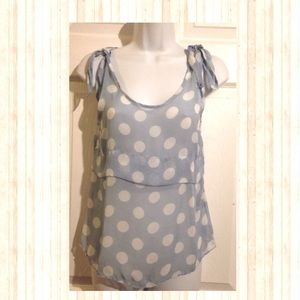 Light Blue, White Polka Dot Chiffon Top XS